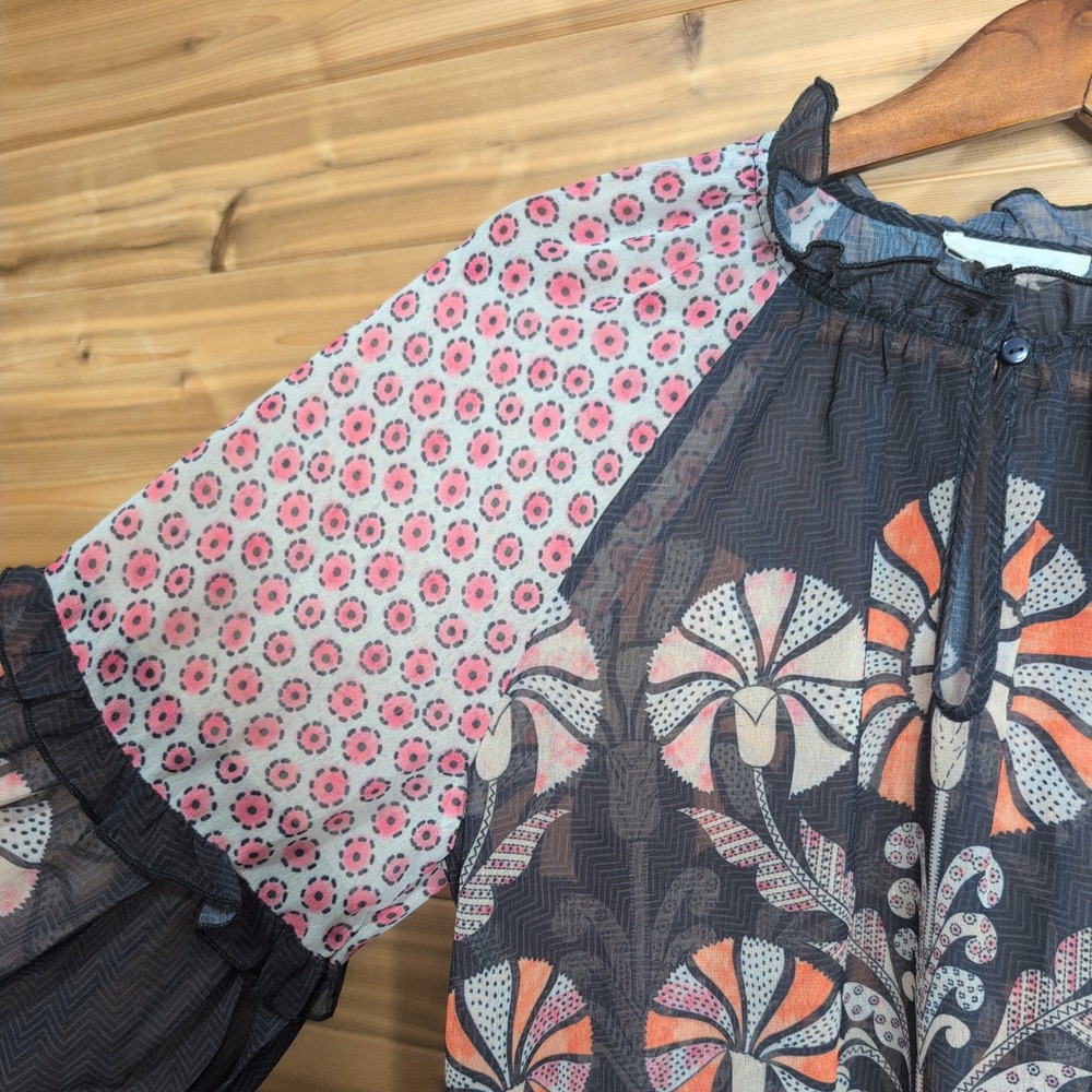 Anthropologie Floral Mixed Print Ruffle Neck Balloon Sleeve Blouse Small - Picture 3 of 11
